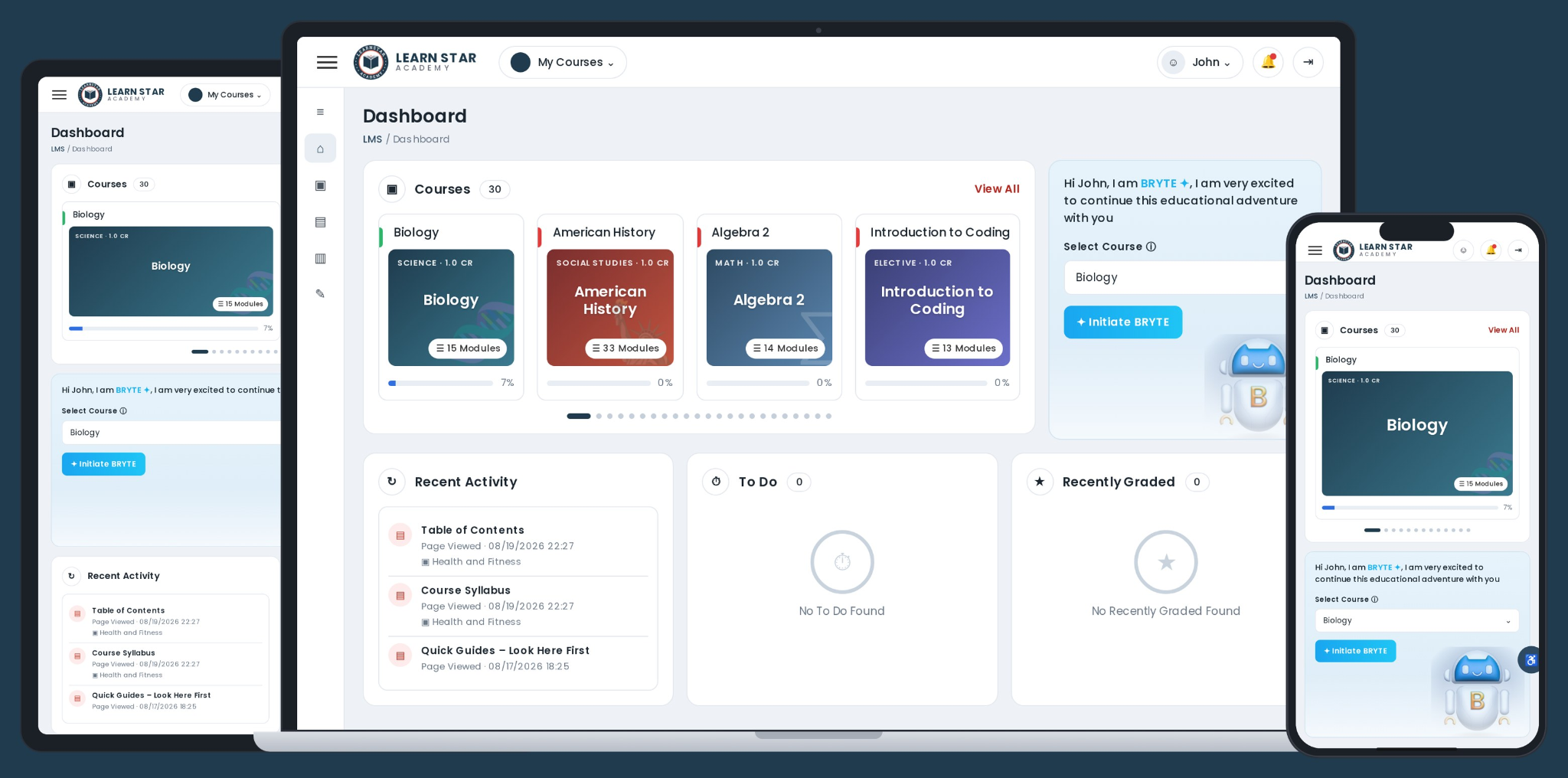 Learn Star Academy LMS dashboard shown on a tablet, laptop, and mobile phone, with course cards, recent activity, and the BRYTE AI tutor